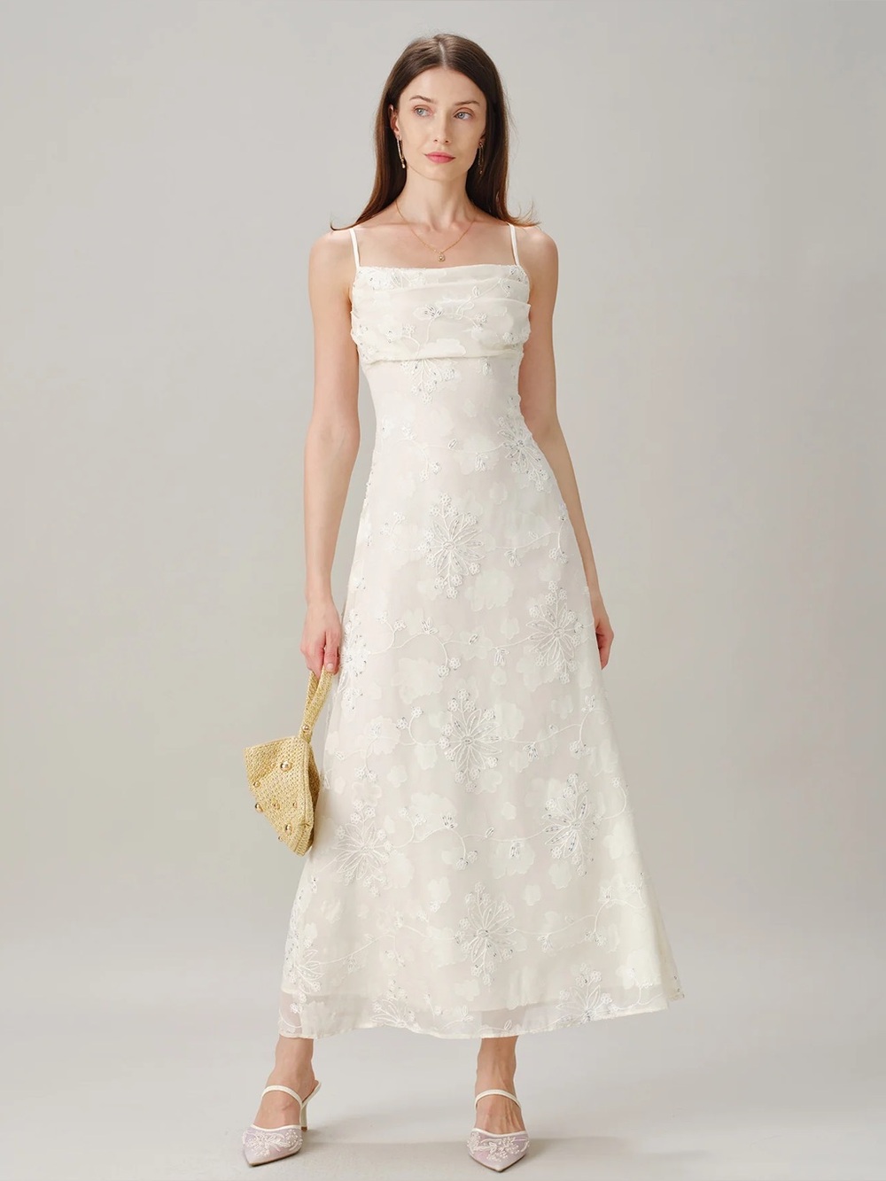 Rihoas Apricot Square Neck Jacquard Sequins Maxi Dress - Picture 2 of 9